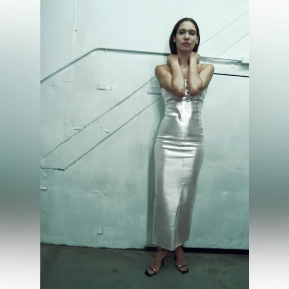 Zara ZW FITTED METALLIC DRESS. Silver. Size XS. New with Tags. - Picture 1 of 8